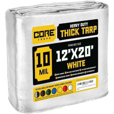 Heavy Duty Tarp, 20 ft L x 0.5 mm H x 12 ft W, 10 Mil, White, Polyethylene